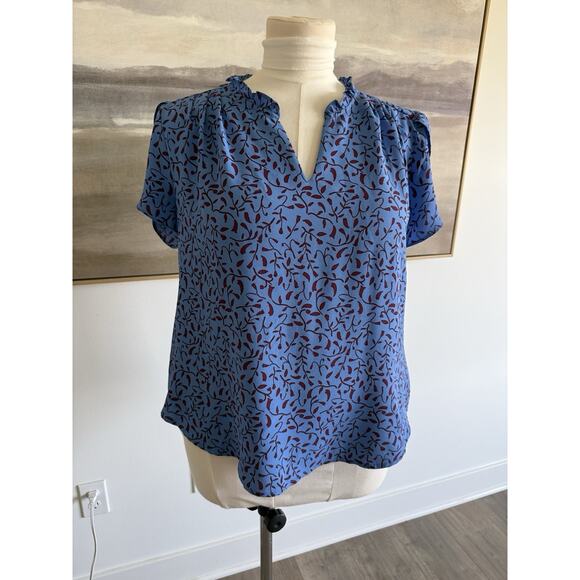 41 Hawthorn Blue/Maroon floral print ruffle trim short sleeve top XL Petite - Picture 1 of 7